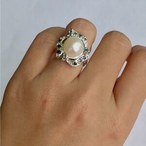 RING - Fresh water White PEARL & Blue Sapphire Sterling Silver 925 Size 7 NEW